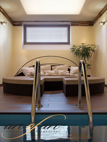 Дизайн интерьера бильярдной комнаты с бассейном и сауной в частном доме